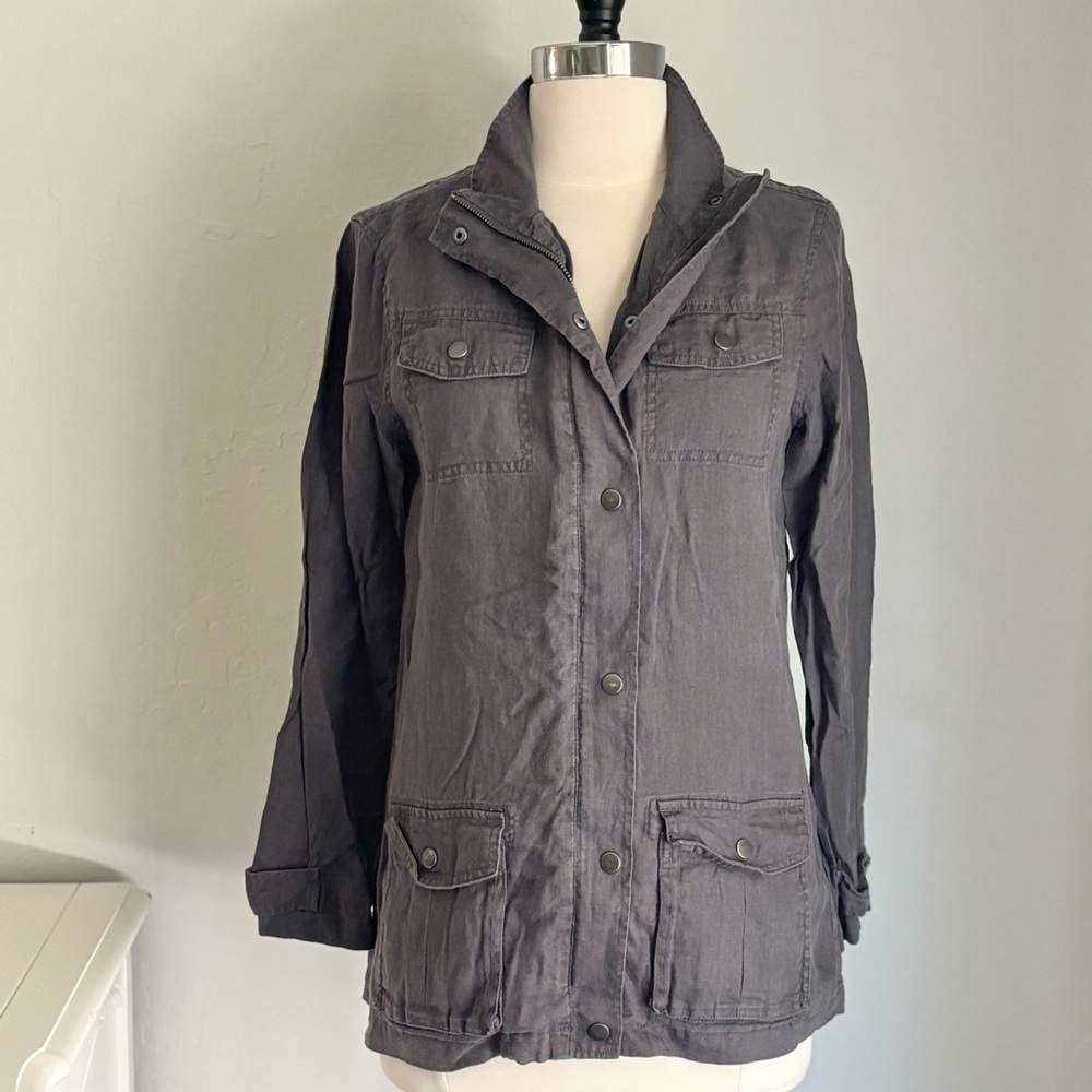 Artisan NY 100% Linen Charcoal Gray Twin Snap Pocket Full Zip Womens Jacket, S